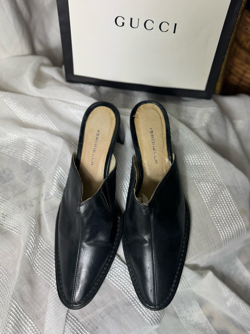 Vintage 90s Y2K Black Leather Slip-On Mules Italian
